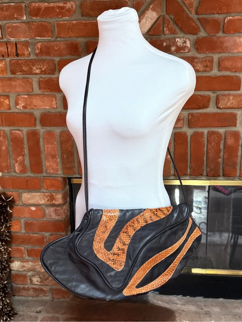 Vintage Black Soft Leather Shoulder Bag Snakeskin Inlay Slouch Hobo Boho Artisan